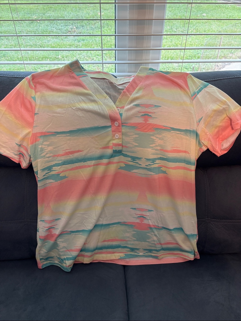 Women’s Short Sleeve V-Neck Tee in Coral & Aqua Tie-Dye